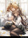  2girls arm_around_back bangs black_neckwear black_ribbon black_skirt blonde_hair brown_hair brown_legwear collared_shirt curtains dress_shirt feet_out_of_frame full_body girls_frontline hair_between_eyes hair_ornament hairpin highres holding_hands leaning_on_person long_hair long_sleeves lying multiple_girls neck_ribbon no_shoes on_bed on_side pantyhose petals pillow pleated_skirt red_eyes ribbon scar scar_across_eye shirt side_ponytail signature silence_girl sitting skirt smile ump45_(girls_frontline) ump9_(girls_frontline) very_long_hair white_shirt yellow_eyes yuri 