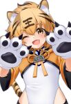  1girl animal_ears animal_hands azur_lane chinese_clothes commentary_request fang flat_chest highres hu_pen_(azur_lane) looking_at_viewer medium_hair one_eye_closed open_mouth orange_eyes orange_hair simple_background solo tail thighhighs tiger_ears tiger_paws tiger_tail tks_(tksmk3) white_background 