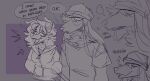 anthro beanie boss_(dimwitdog) canid canine canis clothing dialogue dimmi_(character) dimwitdog domestic_dog duo english_text female greyscale hair hair_over_eye hat headgear headwear hi_res hoodie long_hair male mammal monochrome one_eye_obstructed sketch speech_bubble text topwear