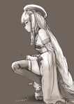  1girl armlet bare_shoulders beret blush braid breasts detached_sleeves dress erune eyeliner granblue_fantasy greyscale hat highres long_hair looking_at_viewer makeup monochrome nosuku pholia short_eyebrows side_braids small_breasts smile solo squatting thighhighs very_long_hair wide_sleeves 