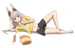  1girl animal_ear_fluff animal_ears bag barefoot black_shorts cat_ears chips_(food) cup doromizu_(d0r0118) drink drinking_straw eating eyelashes food full_body grey_hair long_hair lying midriff navel nia_(xenoblade) on_side potato_chips print_shirt shirt shorts simple_background solo white_background xenoblade_chronicles_(series) xenoblade_chronicles_3 yellow_eyes yellow_shirt 