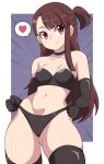  1girl absurdres abysswatchers bikini black_bikini black_choker black_gloves black_thighhighs breasts brown_hair choker commission elbow_gloves gloves heart highres kagari_atsuko little_witch_academia long_hair medium_breasts navel one_side_up red_eyes solo speech_bubble spoken_heart swimsuit thighhighs 