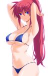  1girl armpits arms_up bikini blue_bikini breasts closed_mouth commentary engo_(aquawatery) halterneck hands_in_hair large_breasts long_hair looking_at_viewer lyrical_nanoha navel pink_hair ponytail signum simple_background smile solo string_bikini swimsuit white_background 