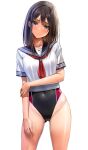  1girl absurdres ass_visible_through_thighs black_hairband black_one-piece_swimsuit black_sailor_collar competition_swimsuit covered_navel cowboy_shot hairband highres looking_at_viewer medium_hair neckerchief one-piece_swimsuit original red_neckerchief sailor_collar sailor_shirt school_uniform serafuku shirt short_sleeves simple_background solo standing swimsuit swimsuit_under_clothes two-tone_swimsuit white_background yukemuriganmo 
