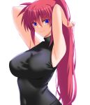  1girl armpits arms_up black_shirt breasts closed_mouth commentary covered_navel engo_(aquawatery) halterneck hands_in_hair large_breasts long_hair looking_at_viewer lyrical_nanoha pink_hair ponytail shirt signum simple_background sleeveless sleeveless_shirt smile solo white_background 