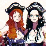  2girls arm_tattoo belt black_hair blue_eyes commentary hat jewelry long_hair looking_at_viewer multiple_girls nami_(one_piece) necklace nico_robin one_eye_closed one_piece orange_hair simple_background smile tank_top tattoo upper_body white_background white_tank_top yoru_(_ichiya_07) 