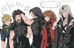  ... 5boys angeal_hewley armor black_coat black_gloves black_hair blonde_hair brown_hair cloud_strife coat crisis_core_final_fantasy_vii final_fantasy final_fantasy_vii genesis_rhapsodos gloves grey_hair headpat highres multiple_boys red_coat roku_(gansuns) scarf sephiroth shared_speech_bubble shoulder_armor simple_background speech_bubble spiked_hair spoken_ellipsis sweatdrop zack_fair 