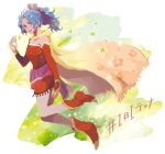  1girl bare_shoulders blue_eyes blue_hair cape commentary_request dress earrings elbow_gloves final_fantasy final_fantasy_vi gloves hair_ribbon jewelry pantyhose ponytail ribbon simple_background smile solo star_(symbol) strapless strapless_dress terra_branford tube_dress uedymummy0921 waist_sash 