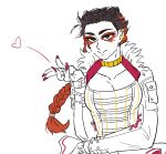  1girl animification apex_legends bad_id bad_pixiv_id black_hair blowing_kiss braid breasts brown_eyes bug_(silkworm_hnw) cleavage collarbone ear_piercing eyeshadow floating_hair gold_choker hair_behind_ear jacket loba_(apex_legends) makeup piercing red_eyeshadow red_hair red_nails shirt sketch skirt smile solo strapless strapless_shirt upper_body white_background white_jacket white_shirt white_skirt 