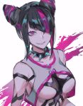  1girl bare_shoulders black_hair collar diagonal_bangs grin hair_horns hair_over_one_eye han_juri miichinori multicolored_hair pink_eyes pink_hair sidelocks smile solo spiked_collar spikes streaked_hair street_fighter street_fighter_6 white_background 