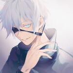  1boy black_jacket blindfold blindfold_pull blue_eyes gojou_satoru gradient_background grey_background grey_hair grin hair_between_eyes hand_up high_collar highres jacket jujutsu_kaisen kaibab lips long_sleeves looking_at_viewer male_focus one_eye_covered short_hair smile solo upper_body 