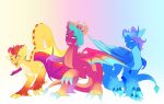 absurd_res aztrial blaize_skysong_(mlp) blonde_hair blue_body blue_hair blue_scales claws dragon female fountain_(mlp) gradient_hair group hair hasbro hi_res horn lux_(mlp) membrane_(anatomy) membranous_wings mlp_g5 my_little_pony orange_body orange_scales purple_body purple_hair purple_scales scales trio turquoise_hair wings yellow_body yellow_scales