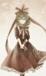  0801_nu 1girl bow closed_mouth commentary dress frilled_ribbon frills front_ponytail green_eyes hair_bow hair_ribbon highres kagiyama_hina looking_at_viewer red_bow red_dress red_ribbon ribbon short_sleeves solo touhou 