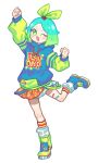  1girl ;d arm_up asymmetrical_footwear bandaid bandaid_on_leg blue_footwear blue_hair blue_hoodie bow fang fugota6509 full_body green_eyes green_hair hair_bow hand_up highres hood hoodie idol_time_pripara leg_up long_sleeves looking_at_viewer mismatched_footwear multicolored_hair nijiiro_nino one_eye_closed open_mouth outstretched_arm pretty_series pripara shoes short_hair simple_background smile sneakers socks solo standing standing_on_one_leg white_background white_socks yellow_bow yellow_footwear 