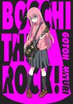  1girl absurdres anime_coloring bass_guitar black_background black_skirt black_socks blue_eyes blush bocchi_the_rock! brown_footwear character_name clip_studio_paint_(medium) closed_mouth copyright_name eyes_visible_through_hair full_body gotoh_hitori hair_between_eyes hair_ornament highres holding holding_instrument instrument jacket kneehighs loafers long_hair long_sleeves looking_at_viewer making-of_available paranoid pink_background pink_hair pink_jacket pleated_skirt polka_dot polka_dot_background ryoha_kosako shaded_face shoes skirt socks solo standing video_thumbnail 