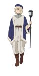  1girl baggy_pants belt blue_headwear blue_robe boots brown_belt brown_footwear closed_eyes dungeon_meshi falin_thorden full_body grey_hair hat highres holding holding_staff light_smile official_art pants robe short_hair simple_background solo staff tachi-e transparent_background two-tone_robe white_pants white_robe 