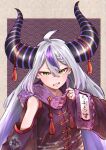  1girl absurdres adjusting_clothes ahoge bare_shoulders black_shirt braid braided_bangs clenched_teeth clothing_cutout curled_horns detached_sleeves doi_nau egasumi gradient_hair grey_hair hair_between_eyes hashtag_only_commentary highres hololive horn_ornament horns la+_darknesss long_hair long_sleeves looking_at_viewer multicolored_hair outside_border pointy_ears print_shirt purple_background purple_hair seigaiha shirt shoulder_cutout single_braid sleeves_past_wrists solo streaked_hair striped_horns tassel teeth toggles upper_body virtual_youtuber wide_sleeves yellow_eyes 