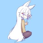  1girl animal_ears blue_background cross_(vgne4542) fox_ears highres long_hair phase_connect purple_eyes simple_background sitting solo tenma_maemi white_hair 