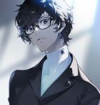  1boy amamiya_ren black-framed_eyewear black_hair black_jacket blurry blurry_background closed_mouth frown glasses grey_eyes hair_between_eyes highres jacket keng_keng_zi looking_at_viewer male_focus messy_hair persona persona_5 school_uniform shirt short_hair shuujin_academy_school_uniform solo turtleneck upper_body white_shirt 