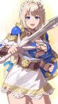  1girl antenna_hair armor armored_dress blonde_hair blue_eyes braid breasts cleavage greek_text hair_between_eyes highres holding holding_shield large_breasts laurel_crown long_hair looking_at_viewer low-tied_long_hair open_mouth shield shoulder_pads single_braid skirt solo sophitia_alexandra soulcalibur sparkle sword very_long_hair weapon yagi2013 yellow_background 