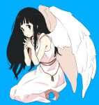  1girl angel_wings bare_shoulders barefoot black_hair blue_background blush bonbas24 chitanda_eru commentary dress feathered_wings full_body hyouka interlocked_fingers long_hair looking_at_viewer own_hands_together parted_lips purple_eyes rope sidelocks simple_background sleeveless sleeveless_dress solo squatting white_dress white_wings wings 