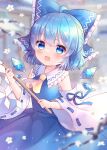  1girl ascot bare_shoulders blue_bow blue_eyes blue_hair blue_ribbon blue_skirt blush bow cherry_blossoms cirno coa_(chroo_x) commentary_request cosplay detached_sleeves detached_wings dot_nose fairy frilled_bow frilled_shirt_collar frills gohei hair_between_eyes hair_bow hakurei_reimu hakurei_reimu_(cosplay) highres holding ice ice_wings japanese_clothes looking_at_viewer medium_hair nontraditional_miko open_mouth partial_commentary ribbon ribbon-trimmed_sleeves ribbon_trim short_hair skirt smile solo standing touhou upper_body wide_sleeves wings yellow_ascot 