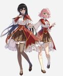  2girls :d ahoge akuyaku_reijou_level_99:_watashi_wa_ura-boss_desu_ga_maou_dewa_arimasen alicia_ehnleit black_eyes black_footwear black_hair black_thighhighs brown_skirt capelet closed_mouth collared_shirt commentary_request dot_nose eumiella_dolkness expressionless floating_hair frilled_skirt frilled_sleeves frills full_body green_eyes hair_between_eyes hand_on_own_chest hand_up highres kneehighs long_hair long_sleeves looking_at_viewer mary_janes multiple_girls neck_ribbon nyoro_(nyoronyoro000) open_hand open_mouth outstretched_arm pink_hair pleated_skirt puffy_long_sleeves puffy_sleeves red_capelet red_ribbon ribbon school_uniform shirt shoes short_hair simple_background skirt smile socks standing thighhighs very_long_hair waist_cape white_background white_shirt white_socks zettai_ryouiki 