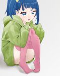  1girl absurdres blue_eyes blue_hair blush casual frown green_hoodie grey_background half-closed_eyes highres hirogaru_sky!_precure hood hood_down hoodie hugging_own_legs long_hoodie long_sleeves medium_hair noe_graphics open_mouth pink_thighhighs precure side_ponytail simple_background sitting sleeves_past_wrists solo sora_harewataru thighhighs 