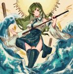  1girl aojirozame1228 bare_shoulders blue_sky blue_thighhighs breasts commentary_request detached_sleeves frog_hair_ornament gohei green_eyes green_hair hair_ornament high-waist_skirt highres holding holding_gohei kochiya_sanae long_hair long_sleeves medium_breasts ocean shirt side_slit single_sidelock skirt sky sleeveless sleeveless_shirt snake_hair_ornament solo thighhighs touhou very_long_hair white_shirt white_sleeves wide_sleeves 