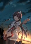  1girl animal_ear_hairband animal_ears bass_guitar black_hair black_pantyhose blush cat_ear_hairband cat_ears commentary_request dutch_angle evening fake_animal_ears hairband highres hime_cut holding holding_instrument hood hoodie instrument juujou_hiyori long_hair long_sleeves looking_at_viewer microphone_stand open_mouth pantyhose red_eyes scenery sidelocks solo speaker standing sunset toji_no_miko upper_body white_hoodie yuzf 