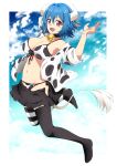  1girl absurdres animal_print bell bikini black_skirt breasts cleavage cow_girl cow_horns cow_print cow_print_bikini cow_tail cowbell highres horns jashin-chan_dropkick large_breasts looking_at_viewer miniskirt minos_(jashin-chan_dropkick) navel neck_bell open_mouth print_bikini red_eyes side-tie_bikini_bottom skirt sky smile solo swimsuit tail thighhighs yuuki_shushu 