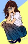  1girl black_footwear blue_background blue_pants brown_hair closed_mouth full_body head_rest high_heels long_hair looking_at_viewer original pants pumps shirt short_sleeves sketch smile solo squatting sugano_manami sunglasses t-shirt two-tone_background white_shirt yellow_background 
