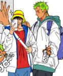  2boys black_eyes black_hair bucket_hat cowboy_shot earrings facial_hair goatee_stubble green_hair hair_over_eyes hat highres holding holding_phone hood hoodie jewelry male_focus monkey_d._luffy mouth_hold multiple_boys one_piece phone roronoa_zoro scar scar_on_cheek scar_on_face short_hair sideburns simple_background single_earring stalk_in_mouth stubble white_background yaoizhen 
