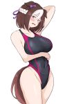  1girl alternate_costume animal_ears arm_under_breasts arm_up armpits bare_shoulders black_one-piece_swimsuit blush bow braid breasts brown_hair commentary_request covered_navel ear_bow ears_down french_braid frown hair_between_eyes highleg highleg_one-piece_swimsuit highleg_swimsuit highres horse_ears horse_girl horse_tail large_breasts miya_nns35 multicolored_hair one-piece_swimsuit open_mouth purple_eyes short_hair simple_background solo special_week_(umamusume) streaked_hair swimsuit tail umamusume white_background white_hair 