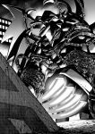  1boy absurdres belphemon belphemon_rage_mode building chain chained demon demon_wings digimon digimon_(creature) empty_eyes energy_claws hasegawa_(hase_popopo) highres horns monochrome multiple_wings open_mouth sharp_teeth spikes teeth wings 