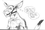 2003 abs angry_expression anthro ball_gag chest_tuft clothed clothing gag gagged humor kangaroo kangaroo-boy looking_at_viewer macropod male mammal marsupial muscular nipples pecs simple_background sketch solo straps thought_bubble topless tuft white_background