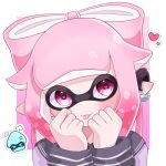  &gt;_&lt; 1girl :p anger_vein blush border bow-shaped_hair commentary_request earrings gradient_background gradient_hair heart heart-shaped_pupils highres inkling inkling_girl inkling_player_character jewelry long_hair multicolored_hair outside_border pink_background pink_eyes pink_hair pointy_ears simple_background splatoon_(series) squid symbol-shaped_pupils tentacle_hair tonbofree tongue tongue_out upper_body white_border 