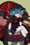  1girl absurdres ascot black_footwear black_headwear black_shirt black_skirt blue_hair brown_background chair commentary_request crossed_legs doll fang flandre_scarlet hat hat_ribbon highres kutabiretainu looking_at_viewer mob_cap open_mouth pointy_ears red_ascot red_eyes red_ribbon remilia_scarlet remilia_scarlet_(tiny_devil_mistress) ribbon shirt short_hair simple_background sitting skirt solo touhou touhou_lost_word twitter_username wrist_cuffs 