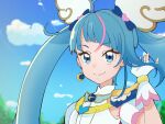  1girl absurdres blue_eyes blue_hair blue_sky brooch closed_mouth cloud cloudy_sky commentary cure_sky cut_bangs day detached_sleeves dress earrings fingerless_gloves gloves hand_in_own_hair highres hirogaru_sky!_precure jewelry long_hair looking_at_viewer magical_girl multicolored_hair noe_graphics outdoors pink_hair precure puffy_detached_sleeves puffy_sleeves single_sidelock sky sleeveless sleeveless_dress smile solo sora_harewataru streaked_hair twintails two-tone_hair white_gloves wing_brooch wing_hair_ornament 