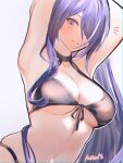  1girl acheron_(honkai:_star_rail) aoiabyss armpits arms_up bikini black_bikini blush breasts commentary_request front-tie_bikini_top front-tie_top grey_background halterneck highres honkai:_star_rail honkai_(series) large_breasts long_hair navel purple_eyes purple_hair simple_background solo stomach swimsuit upper_body very_long_hair 