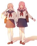  2girls :d ^_^ absurdres ahoge bag bang_dream! black_skirt blonde_hair blue_sailor_collar blue_skirt blush brown_footwear closed_eyes facing_viewer full_body highres holding_hands kneehighs loafers long_hair long_sleeves low_twintails maruyama_aya multiple_girls neckerchief open_mouth pink_hair pleated_skirt red_neckerchief sailor_collar school_bag school_uniform serafuku shade shadow shirasagi_chisato shirt shoes simple_background skirt smile socks standing ttori twintails white_background white_shirt white_socks 