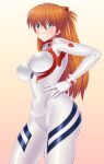  1girl blue_eyes bodysuit breasts evangelion:_3.0+1.0_thrice_upon_a_time gradient_background hand_on_own_hip highres large_breasts long_hair looking_at_viewer neon_genesis_evangelion orange_hair plugsuit rebuild_of_evangelion skin_tight smile solo souryuu_asuka_langley white_bodysuit yamagakitaze 