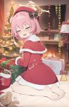  absurdres bare_legs barefoot blue_archive blush bow box cape capelet character_request christmas_tree closed_eyes feet foot_focus full-face_blush gift gift_box hair_bow heavy_breathing highres juzi_(orange8619) kneel open_mouth pink_hair santa_costume sitting soles tagme television toes toy wariza 