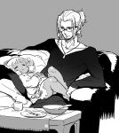  1boy 1girl absurdres closed_eyes couch cup dark-skinned_female dark_skin dress drooling glasses greyscale highres himukai_yuuji horns looking_at_another mae_(himukai_yuuji) monochrome on_lap original plate ponytail sheep_horns sketch sleeping smile table 