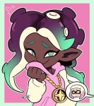 animal_humanoid blush cephalopod cephalopod_humanoid chain_jewelry clothing dark_body dark_skin duo female green_eyes heart_symbol hi_res humanoid humanoid_pointy_ears inkling light_body light_skin marina_(splatoon) marine marine_humanoid mollusk mollusk_humanoid nintendo octarian octoling outcastcomix pearl_(splatoon) pseudo_hair signature simple_background smile solo_focus speech_bubble splatoon suction_cup tentacle_hair tentacles wide_eyed