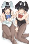  2girls amagami animal_ears black_hair black_leotard black_pantyhose blue_bow blue_bowtie blue_eyes bow bowtie breasts embarrassed fake_animal_ears highres jishaku_(user_rcuz2843) leotard looking_at_viewer looking_up morishima_haruka multiple_girls pantyhose playboy_bunny red_bow red_bowtie smile tsukahara_hibiki white_background white_leotard 