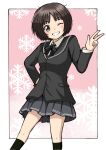  1girl :d ;d amagami black_bow black_bowtie black_jacket black_sailor_collar black_skirt black_socks blazer blush bob_cut border bow bowtie breasts brown_eyes brown_hair commentary emapippi feet_out_of_frame gradient_background grin hand_on_own_hip hand_up head_tilt highres jacket kibito_high_school_uniform kneehighs long_sleeves looking_at_viewer loose_hair_strand messy_hair one_eye_closed outside_border pink_background pleated_skirt sailor_collar school_uniform shirt short_hair skirt small_breasts smile snowflake_background snowflakes socks solo standing tachibana_miya w waving white_border white_shirt 