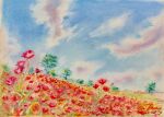  blue_sky cloud cloudy_sky day flower grass knt20203 no_humans orange_flower original painting_(medium) red_flower scenery sky sunlight traditional_media tree watercolor_(medium) 