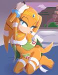 2024 4_toes 5_fingers anthro bed blue_eyes clothing cloud detailed_background echidna feet female fingers furniture gloves handwear head_accessory hi_res kneeling looking_at_viewer mammal monotreme navel panties sega senshion sky solo sonic_adventure sonic_the_hedgehog_(series) tail tikal_the_echidna toes underwear