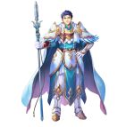  1boy absurdres blue_cape blue_eyes blue_hair cape feather_trim fire_emblem fire_emblem:_the_blazing_blade fire_emblem_heroes gloves hair_slicked_back hector_(brave_warrior)_(fire_emblem) hector_(brave_warrior)_(resplendent)_(fire_emblem) hector_(fire_emblem) highres looking_at_viewer motsutsu official_art pelvic_curtain polearm smile solo tachi-e weapon white_gloves 